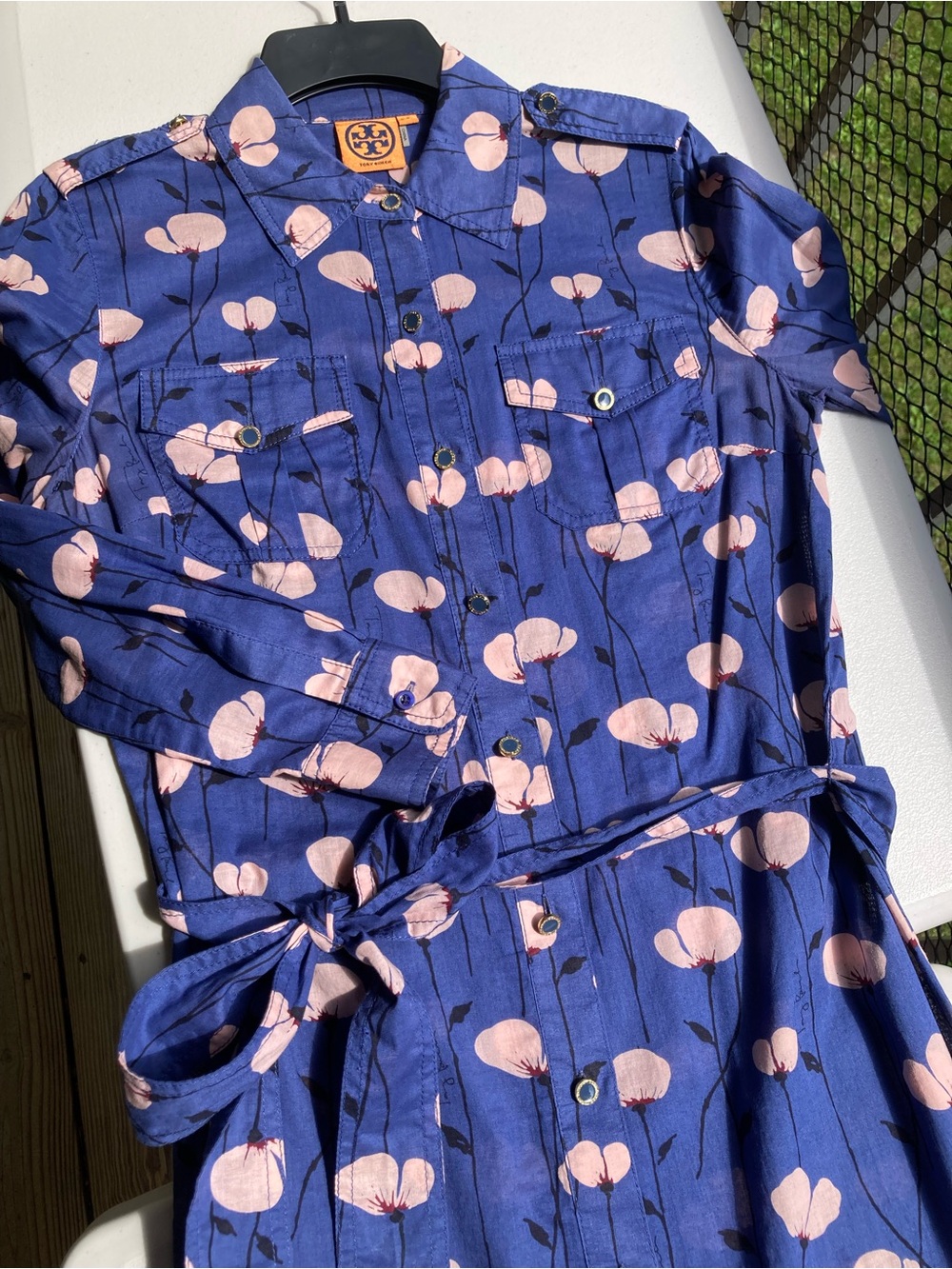 Tory Burch 100% Cotton Blue Button Front Belted Shirt Dress Pink Flower Print - Picture 4 of 14